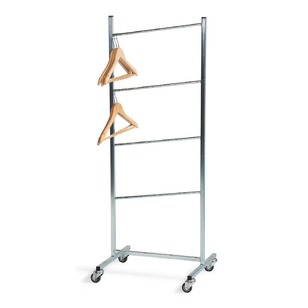 Mobile zinc stand for empty hangers.